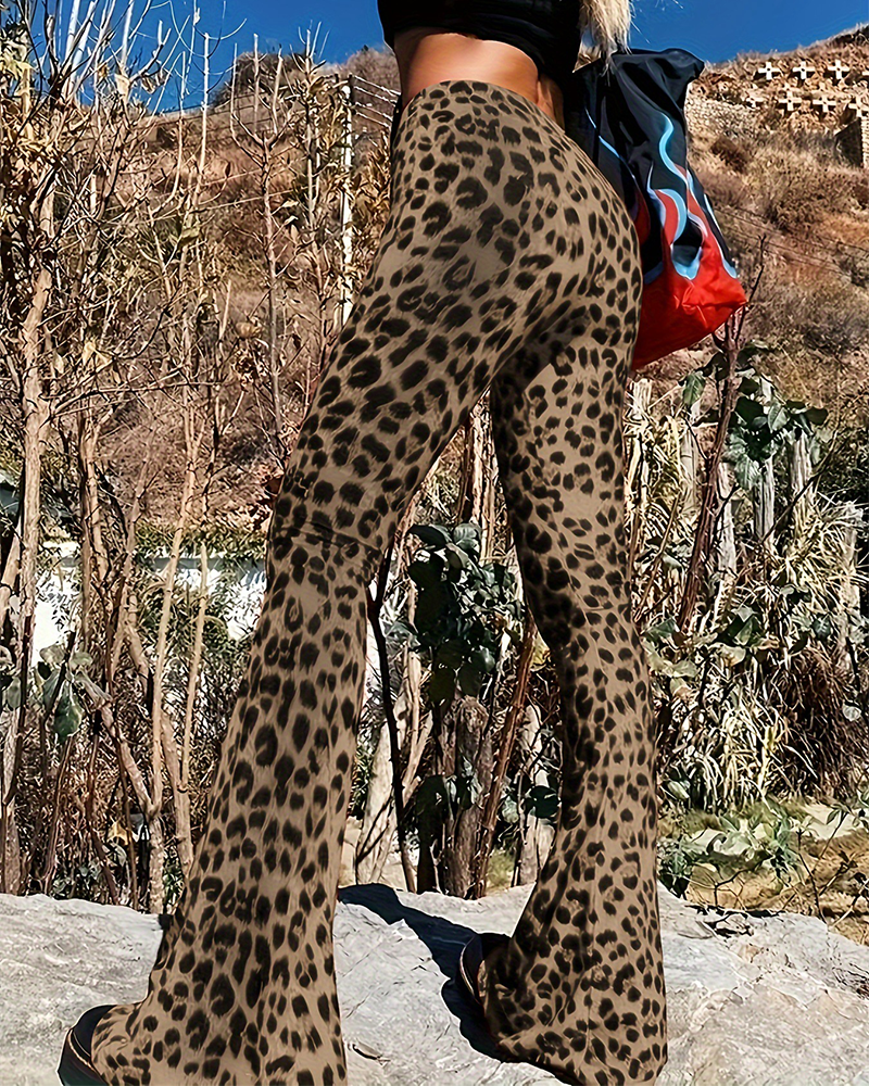 Slim-Fit Leopard Print Bootcut Trousers