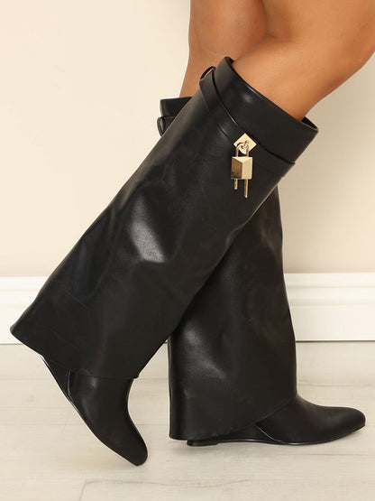 Lock & Key Leather Wedge Heel Boots