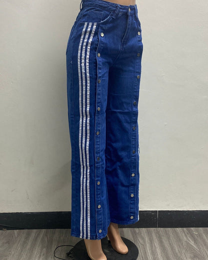 Three Stripes Wide Leg Loose Stretch Casual Jeans