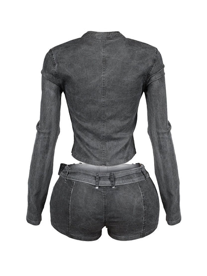 Denim Zip Up Top & Belt Shorts Set