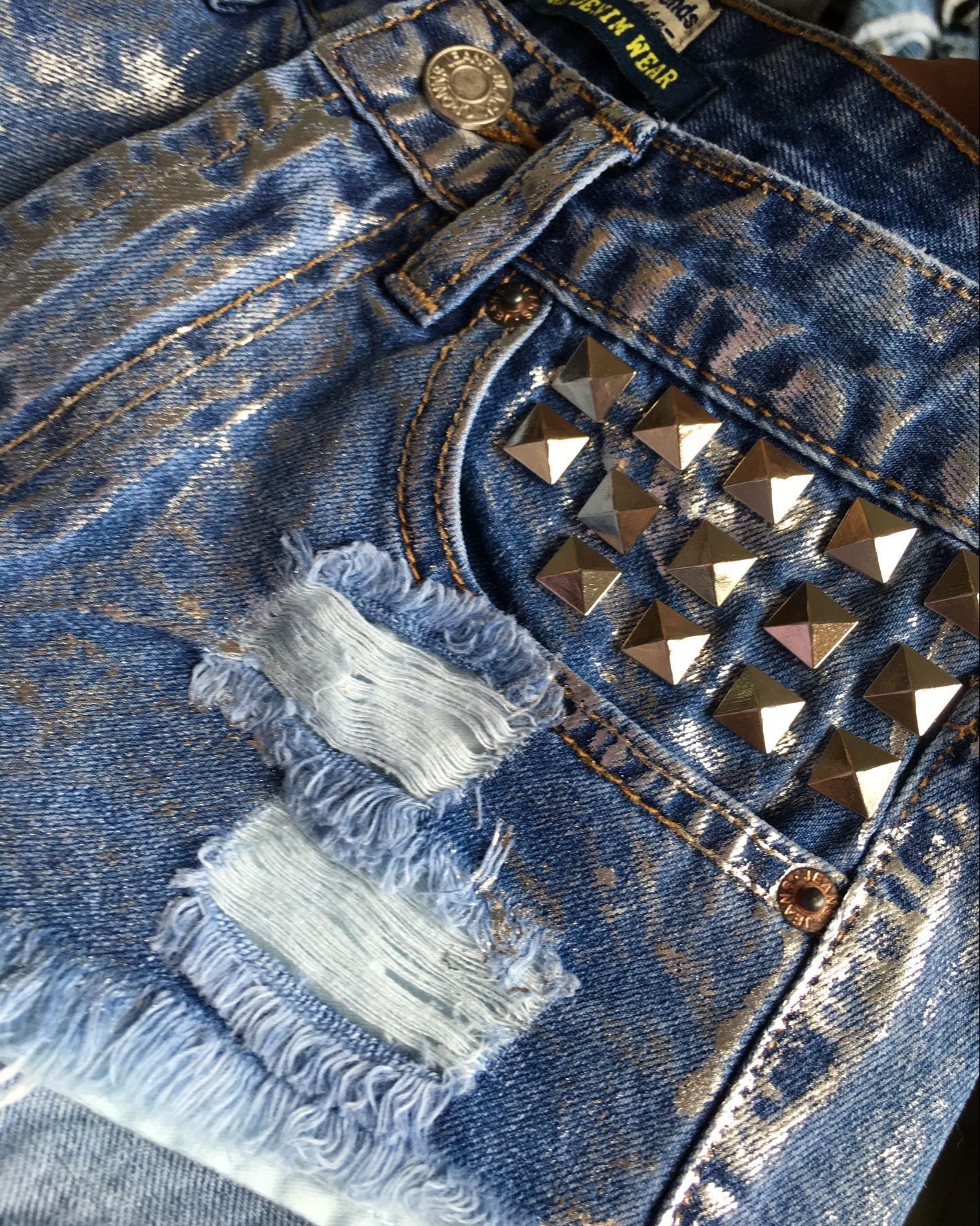 High-Waisted Slim-Fit Ripped Studded Denim Metallic Silver Denim Shorts