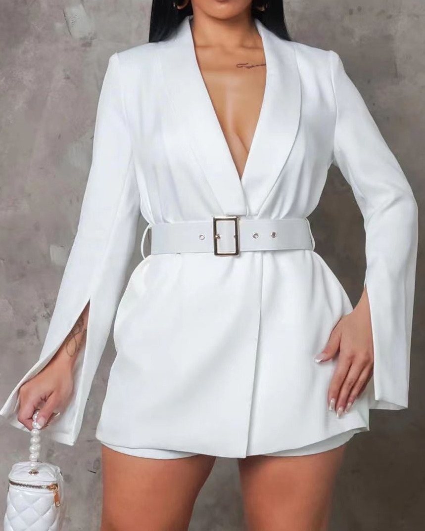 V-Neck Belted Casual Blazer Dress