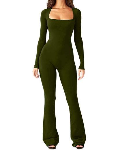 Long Sleeve Wide Collar Slim Fit Yoga Jumpsuit Olive