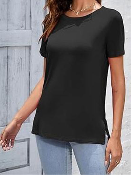 Round Neck Casual Solid Color Top short-sleeves black