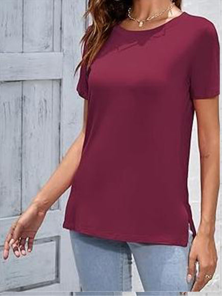 Round Neck Casual Solid Color Top short-sleeves burgundy