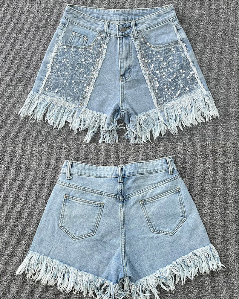 High-Waisted Sequined Fringed Shorts Women