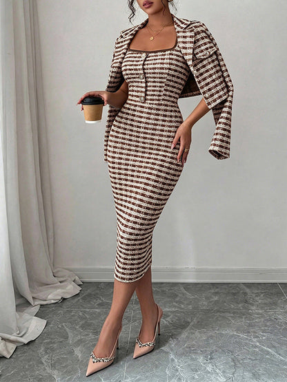 Houndstooth Cropped Blazer & Cami Dress Set
