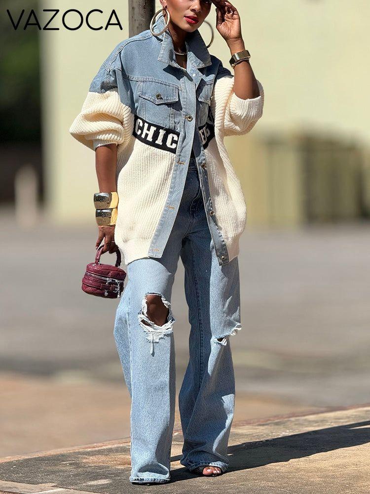 Chic Knit Denim Contrast Jacket