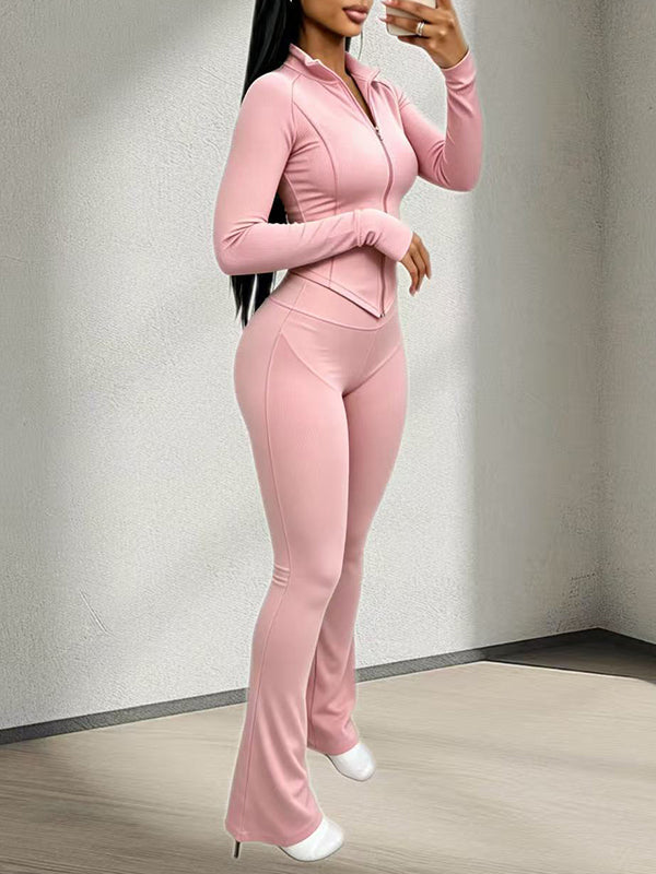 Solid Zip-Front Top& Flared Pants Set