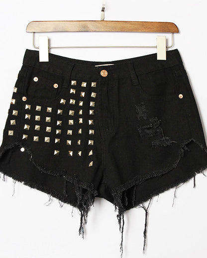 Distressed Rivets Irregular Whiskered Denim High-Waisted Shorts