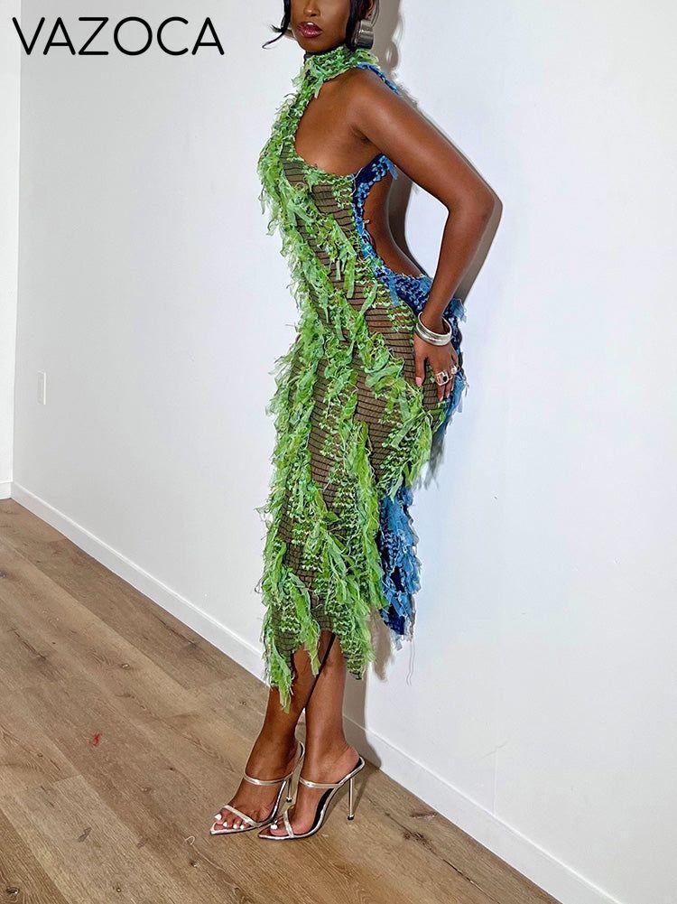 Double-Toned Fringe Mesh Dress