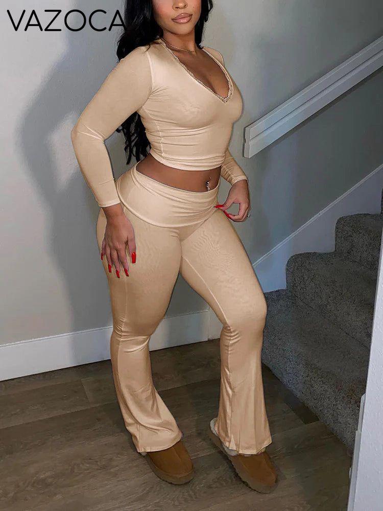 Contrast Lace Crop Top & Flare Pants Lounge Set