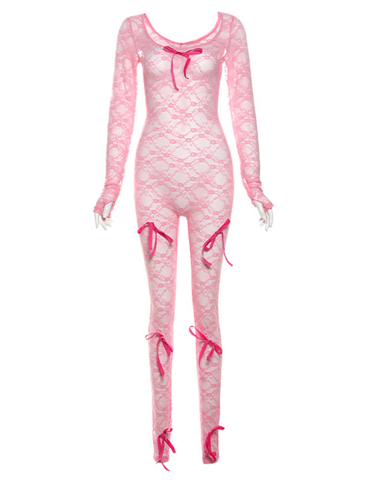Bow Decor Lace Mesh Jumpsuit