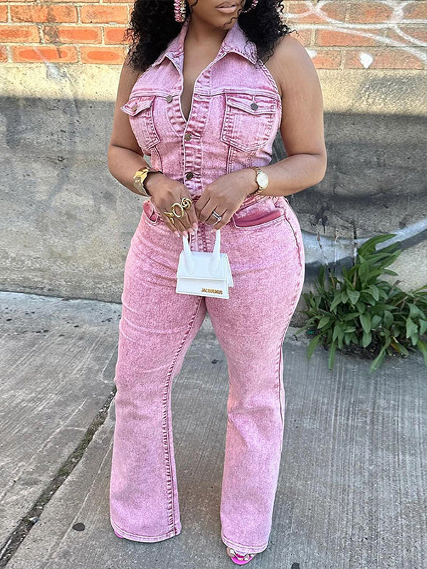 Morchique Button-Front Halter Denim Jumpsuit