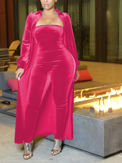 Gorgeousladie Velvet Jumpsuit & Duster Set