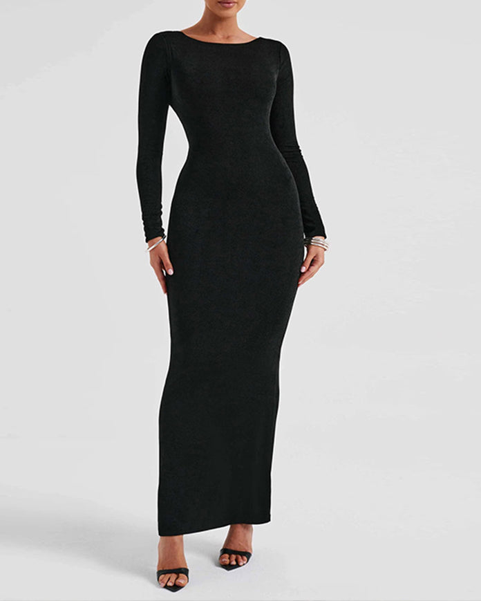 Backless Criss-Cross Tie High-Waist Hip-Hugging Long-Sleeved Dress Black