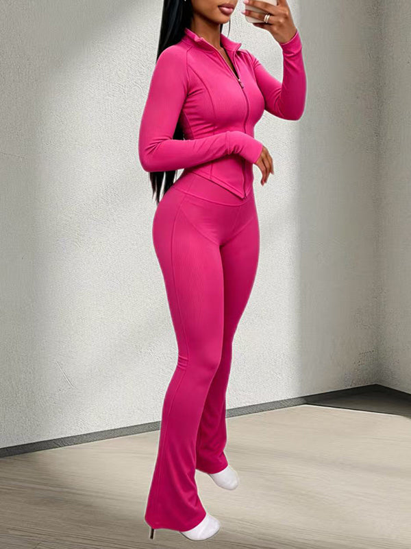 Solid Zip-Front Top& Flared Pants Set