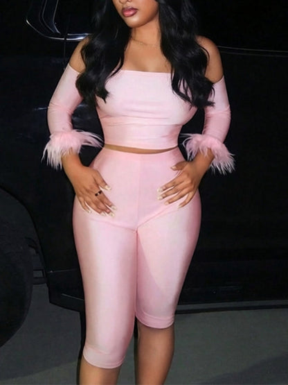 Solid Off-Shoulder Cropped Top & Capri Pants Set