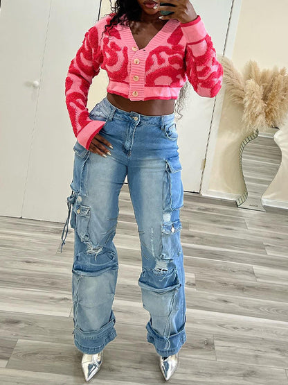 Knit Color Block Cropped Cardigan