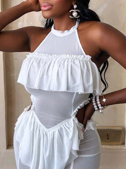 Halter Ruffled Cut‑Out Maxi Dress