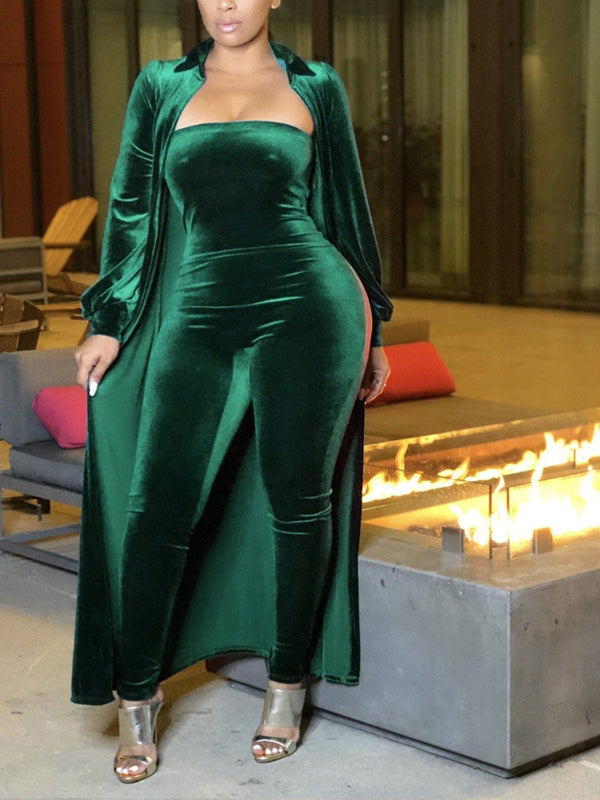 Gorgeousladie Velvet Jumpsuit & Duster Set