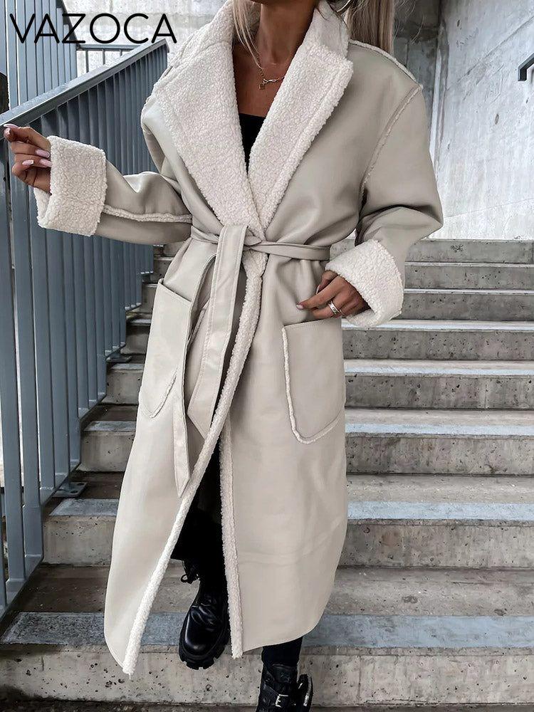 Faux Leather Shearling Lined Coat Beige