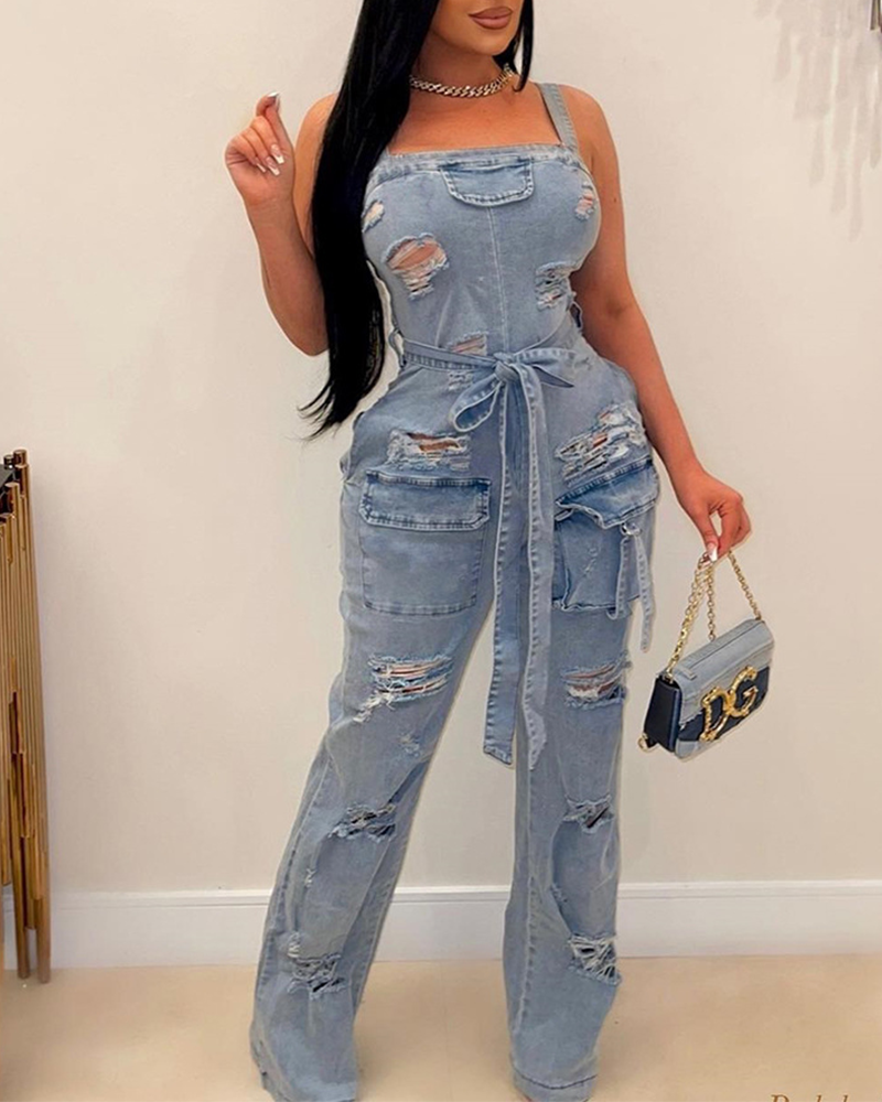 Ripped Denim Overalls