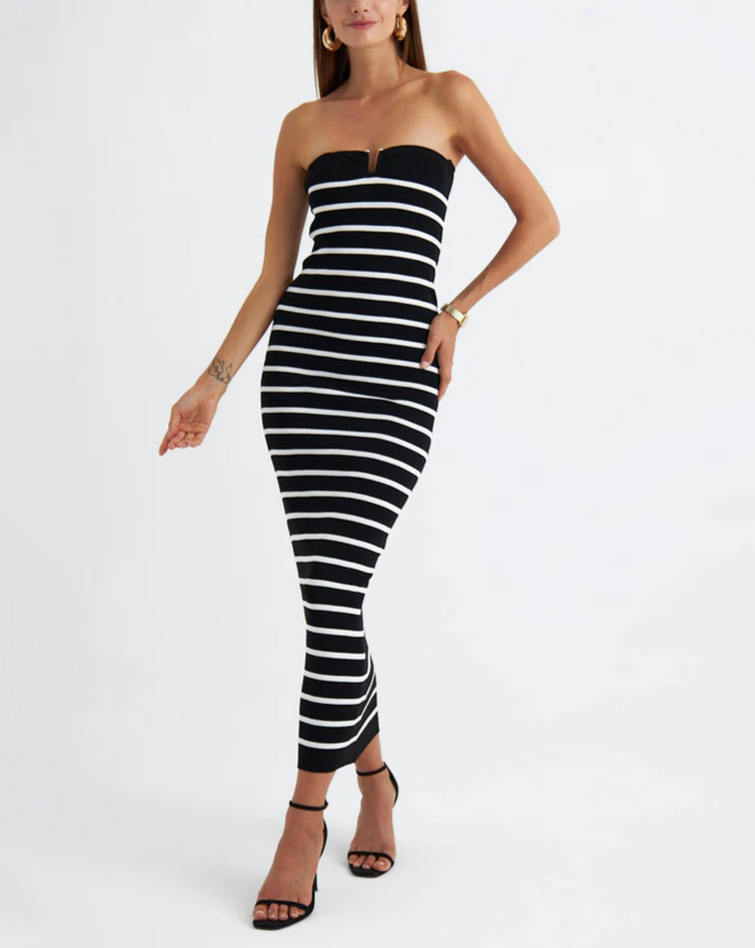 Casual Knitted Striped Color-Blocked Strapless Long Stretch Dress(Pre sale)