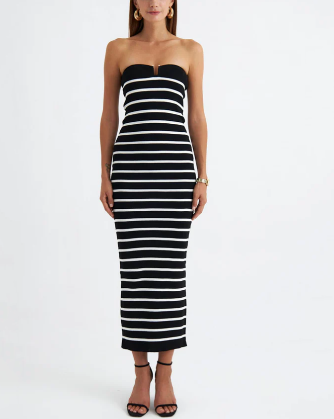 Casual Knitted Striped Color-Blocked Strapless Long Stretch Dress(Pre sale)