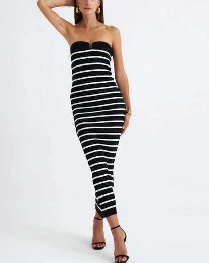 Casual Knitted Striped Color-Blocked Strapless Long Stretch Dress(Pre sale)