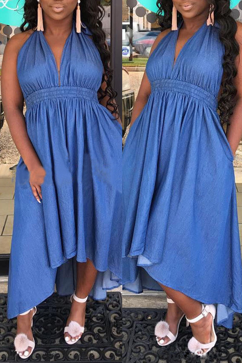 Sexy Casual Solid Color Backless Belted Halter Sleeveless Fitted Denim Dresses