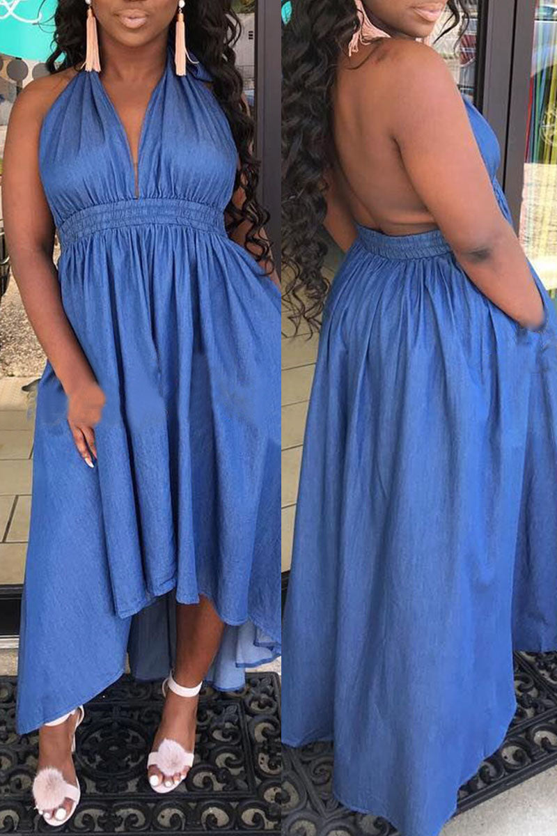 Sexy Casual Solid Color Backless Belted Halter Sleeveless Fitted Denim Dresses