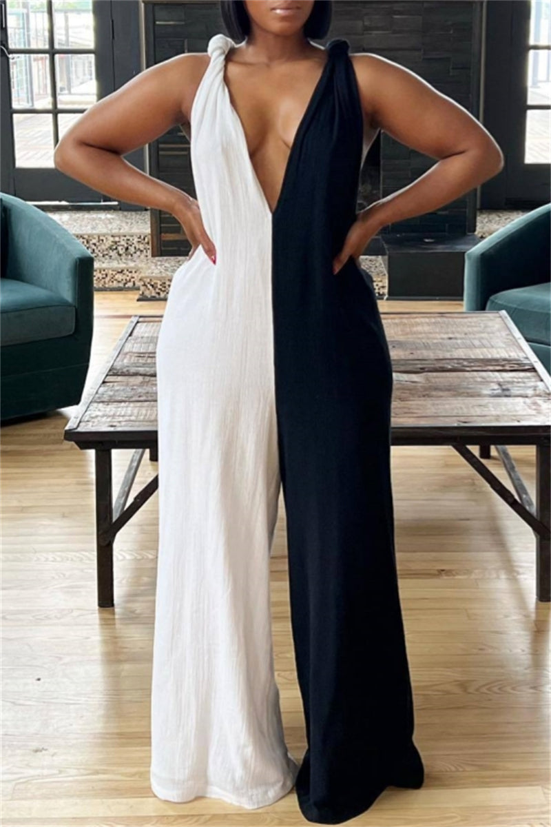 Casual Patchwork Backless Contrast Deep V Neck Regular Jumpsuits