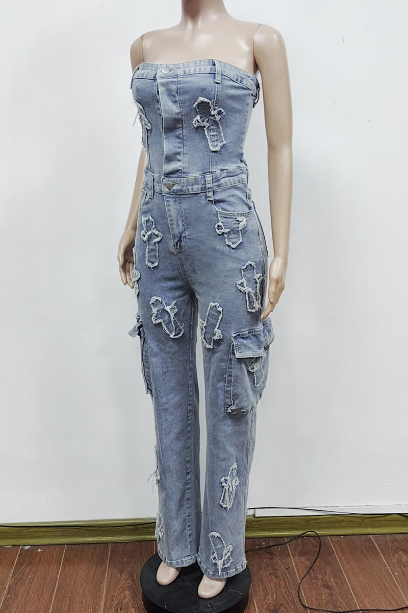 Sexy Pocket Buckle Patchwork Strapless Sleeveless Regular Denim Jumpsuits