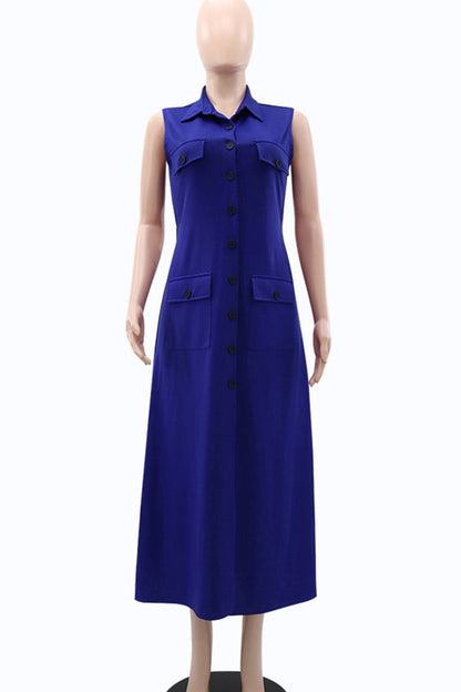 Elegant Solid Color Pocket Buckle Patchwork Turndown Collar Long Dresses