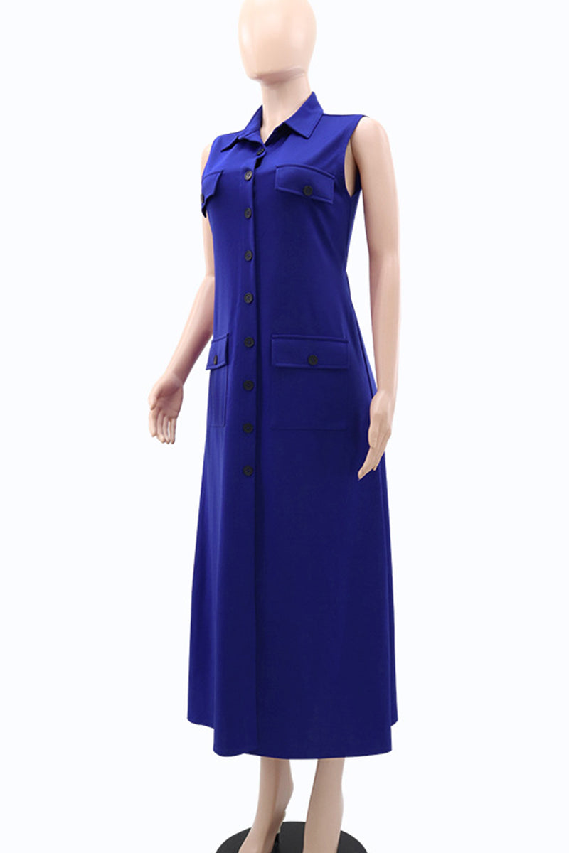 Elegant Solid Color Pocket Buckle Patchwork Turndown Collar Long Dresses