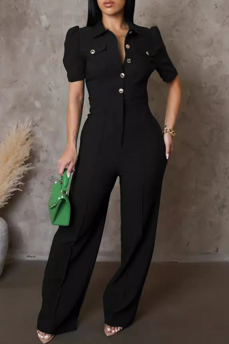 Casual Solid Color Pocket Buckle Patchwork Turndown Collar Regular Jumpsuits(4 Colors)