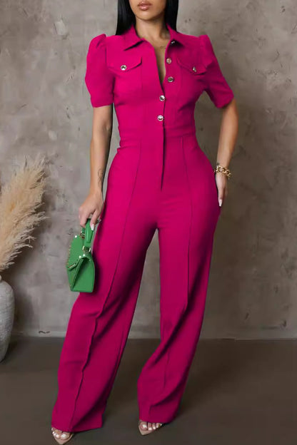 Casual Solid Color Pocket Buckle Patchwork Turndown Collar Regular Jumpsuits(4 Colors)