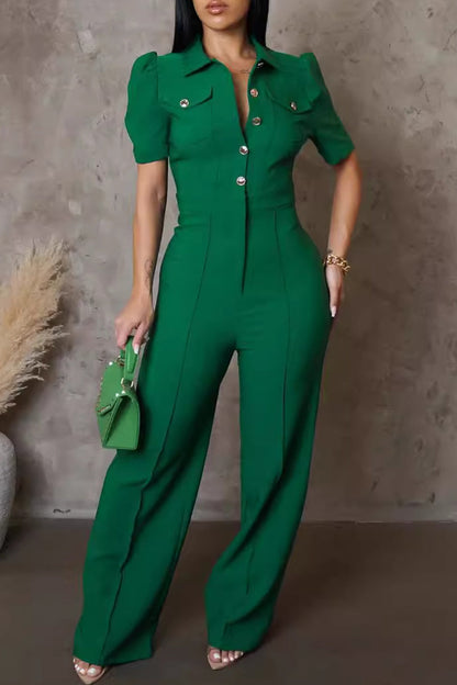 Casual Solid Color Pocket Buckle Patchwork Turndown Collar Regular Jumpsuits(4 Colors)