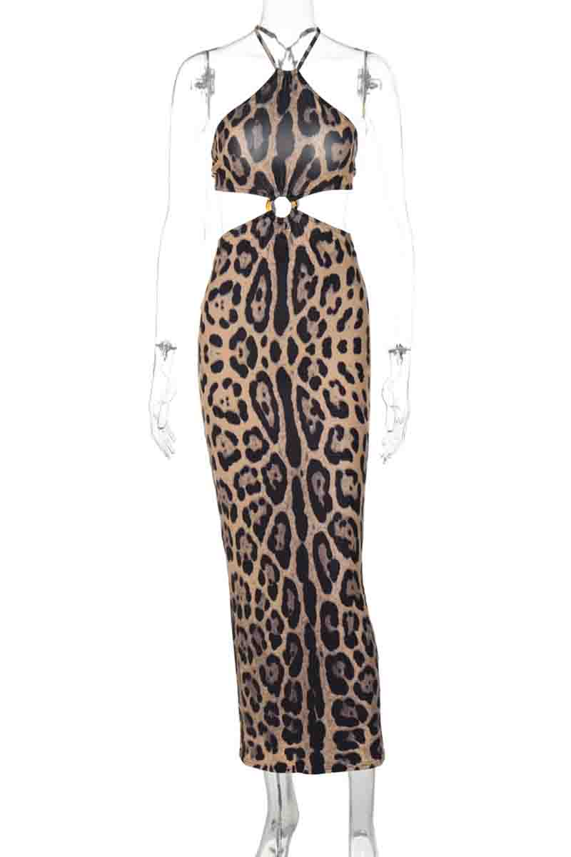 Sexy Leopard Print Hollow Out Patchwork Backless Halter Long Dresses