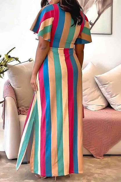 Elegant Stripe Patchwork Strap Design O Neck Long Dresses