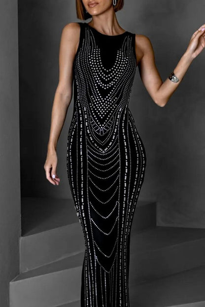 Sexy Party Patchwork Hot Drill O Neck Evening Dresses