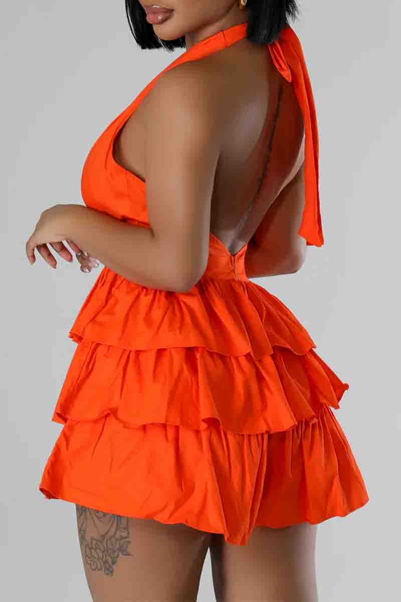 Sexy Solid Color Patchwork Backless Strap Design Ruffled Trim Halter Loose Rompers