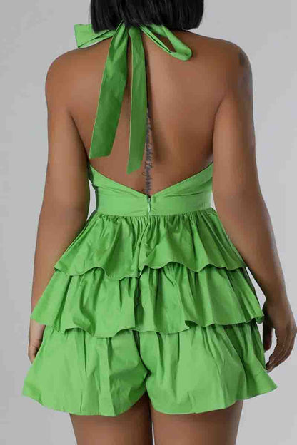 Sexy Solid Color Patchwork Backless Strap Design Ruffled Trim Halter Loose Rompers