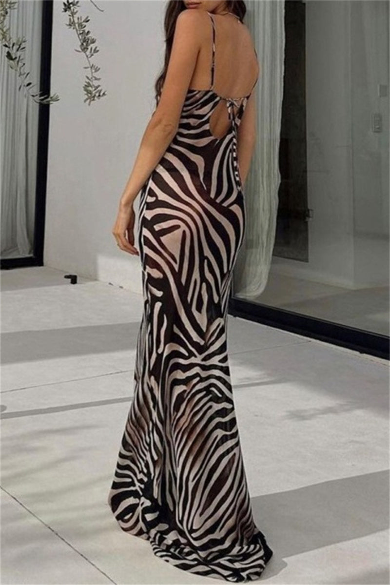 Sexy Zebra Print Backless Spaghetti Strap Long Dresses