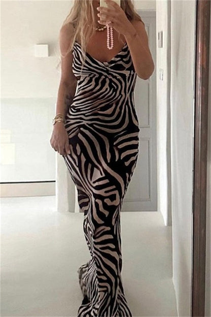 Sexy Zebra Print Backless Spaghetti Strap Long Dresses