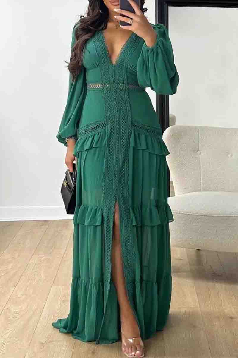 Elegant Solid Color Patchwork Slit Deep V Neck Long Dresses