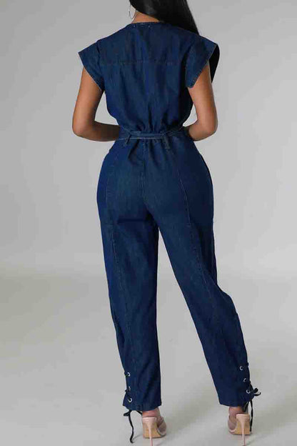 Street Solid Color Pocket Buckle Patchwork Cross Straps Strap Design Cardigan Collar High Waist Regular Denim Jumpsuits