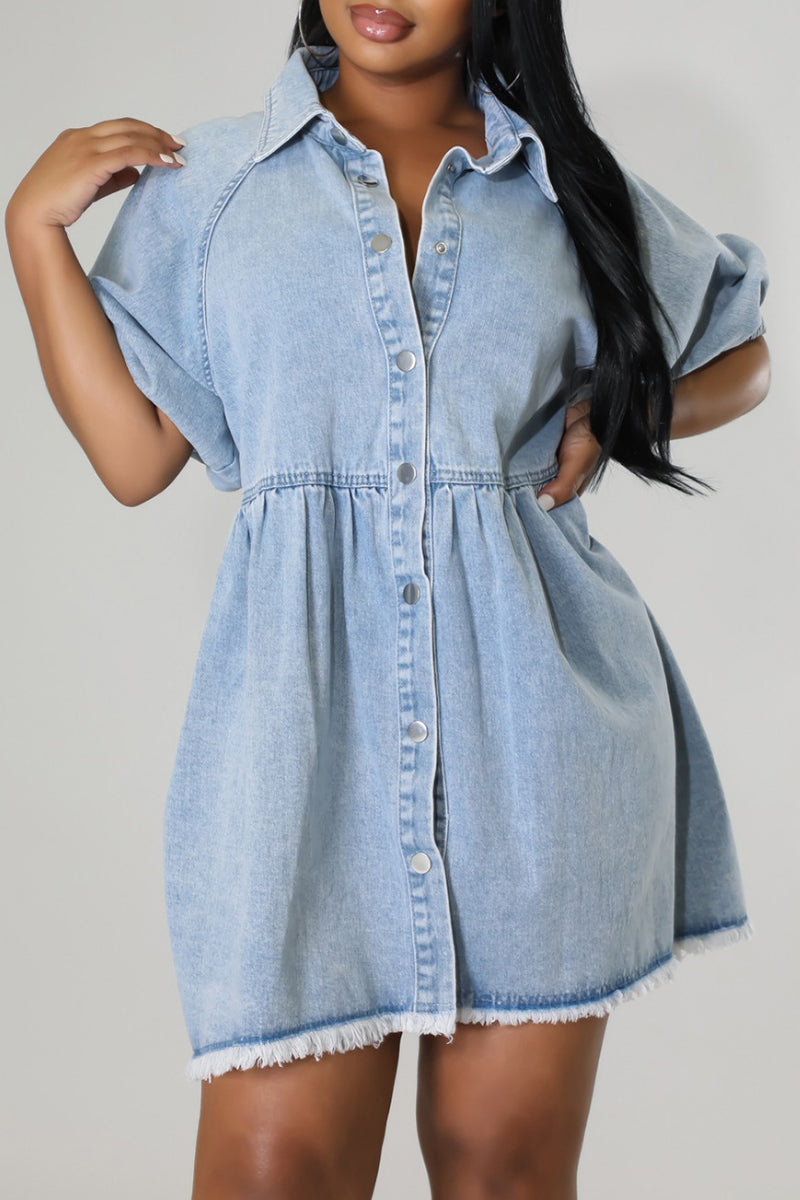 Street Buckle Patchwork Turndown Collar Short Sleeve Loose Denim Dresses