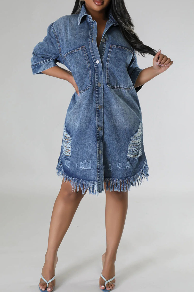 Street Fringed Trim Ripped Pocket Buckle Patchwork Turndown Collar Three Quarter Loose Denim Dresses